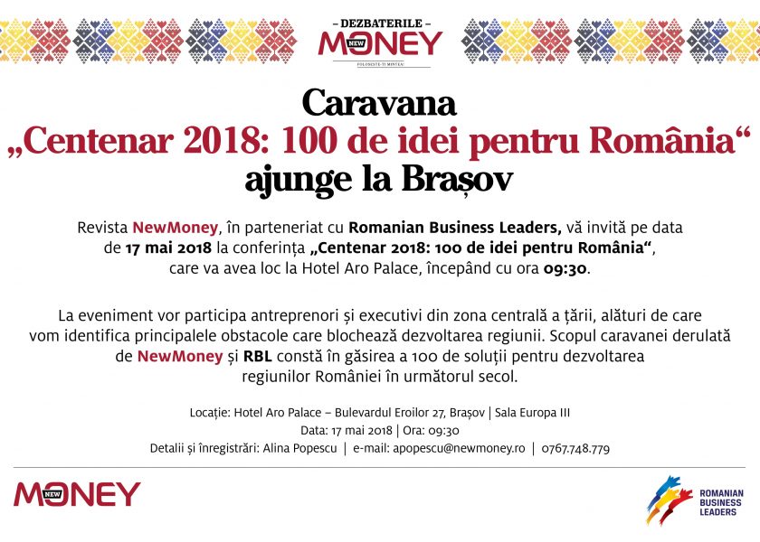 Caravana âCentenar 2018: 100 de idei pentru RomÃ¢niaâ ajunge pe 17 mai la BraÈov